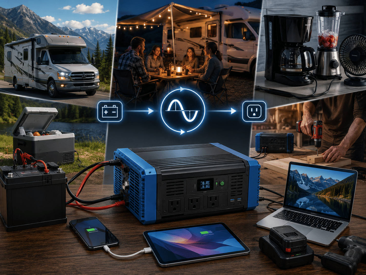 Onduleur 12 V alimentant des appareils et équipements électriques pour VR et camping