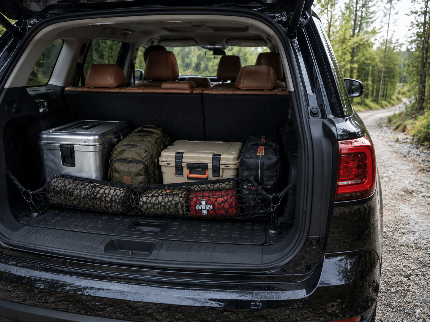 Coffre de VUS équipé d’accessoires de rangement et d’un filet de retenue pour bagages