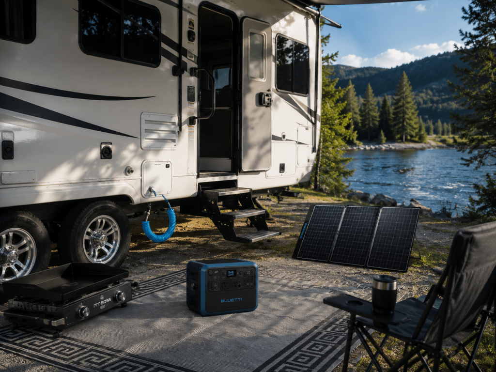 VR équipé de panneaux solaires portatifs et d’une station d’énergie pour le camping