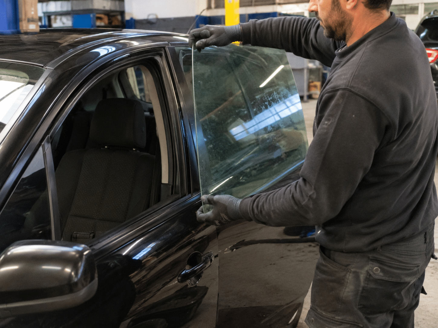 Technicien installant une vitre latérale sur une voiture en atelier